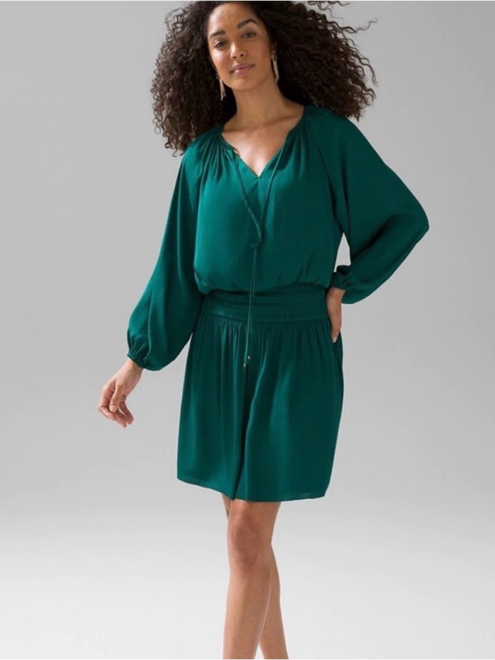 White House Black Market Teal Long-Sleeve Smocked-Waist Dress